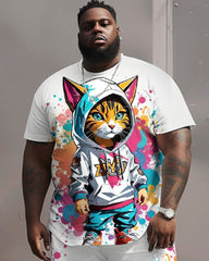 Men's Big & Tall Street Fashion Graffiti Cat Print T-Shirt Shorts Set