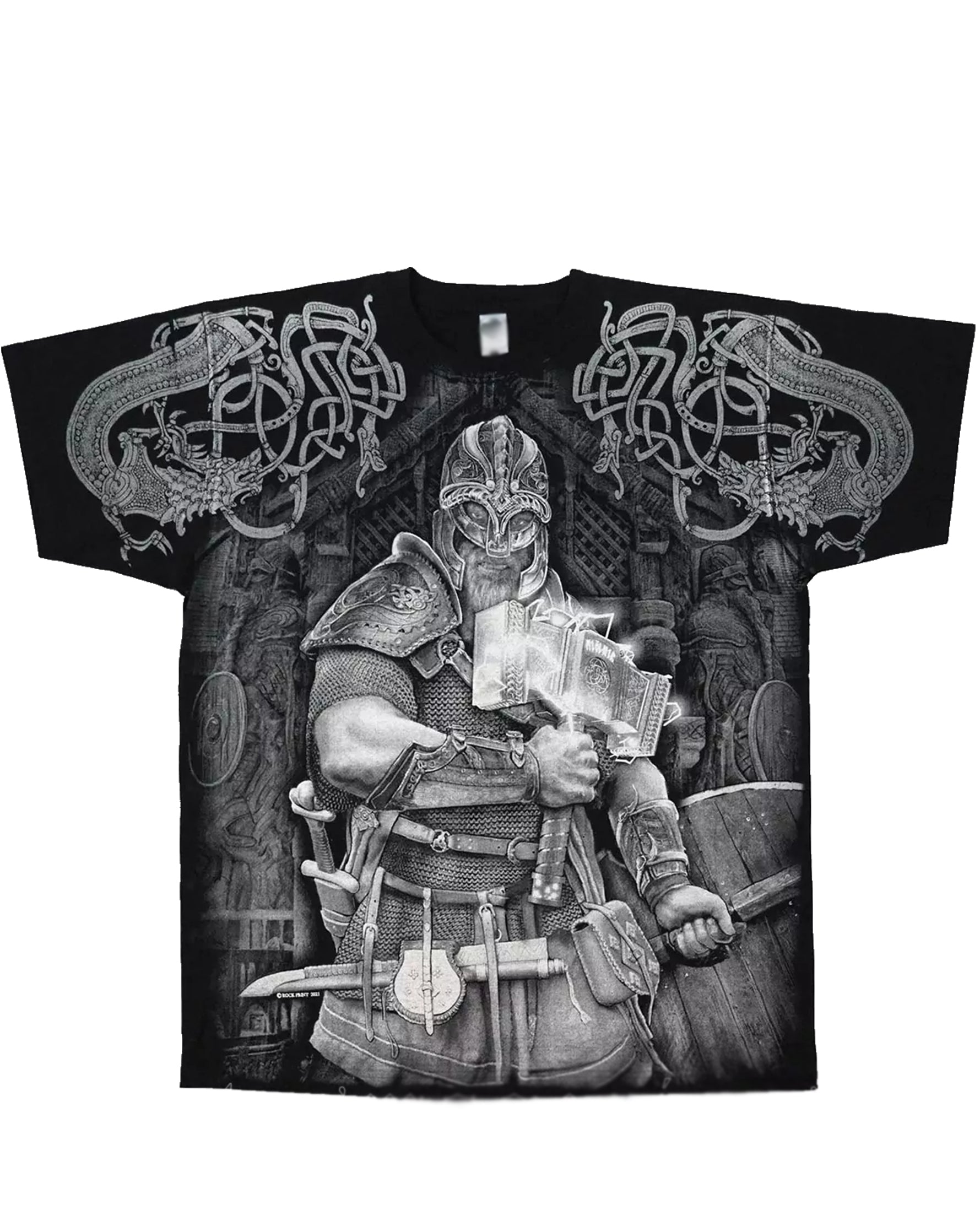 Plus Size Black Printed T-shirt With Quake Mjolnir Pattern Black T-shirt. Printed Front And Back