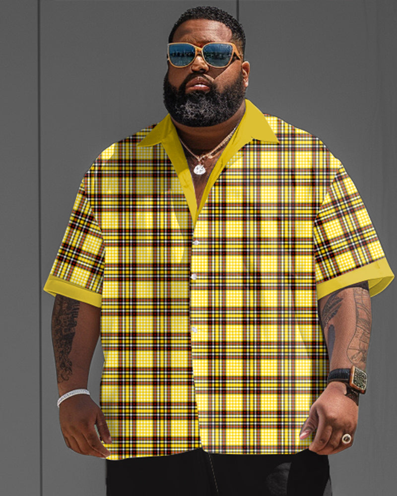 Men's Plus Size Classic Plaid Short Sleeve Shirt Shorts Suit