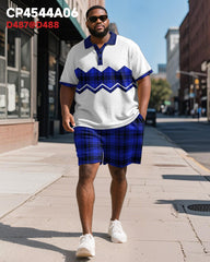 Big & Tall Men's Business Brown Colorblock Check Print Short Sleeve Polo Shirt Shorts Suit