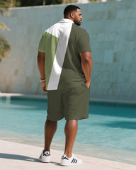 Big & Tall Men's Summer Green & White Striped Polo Short Sleeve Shirt Shorts Suit