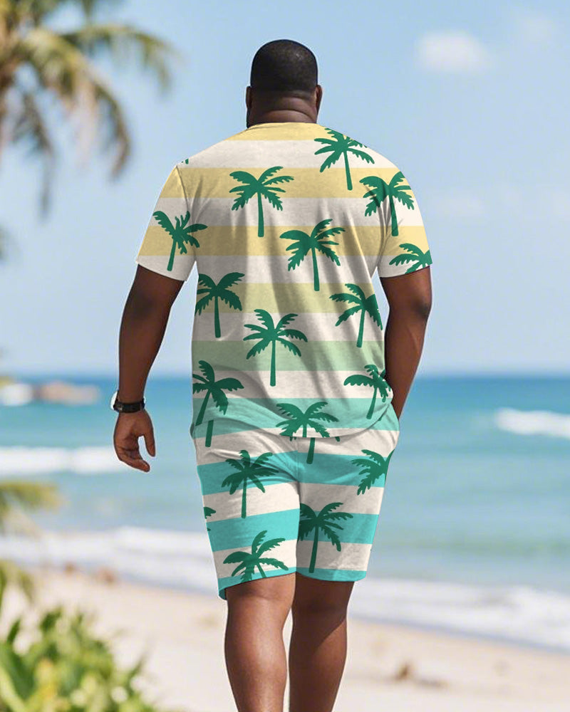 Men's Plus Size Green Coconut Tree Gradient Print Round Neck Short Sleeve T-Shirt Shorts Suit