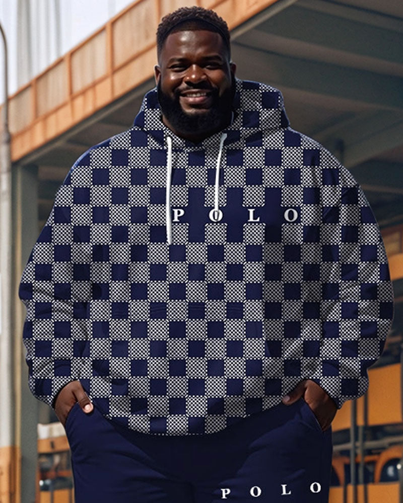 Men's Casual Blue Check Alphabet Print Plus Size Hoodie Suit