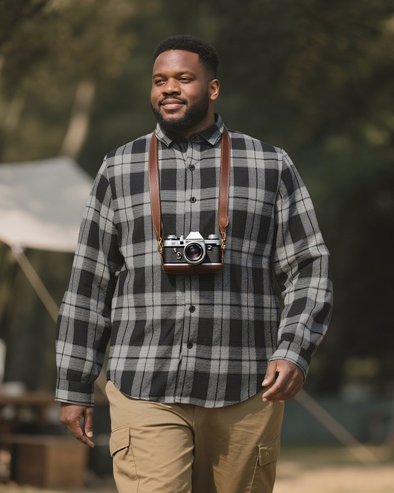 Big & Tall Men's Black-autumn/winter Commuter Plaid Flannel Fabric Long Sleeve Shirt