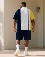 Big & Tall Men's Business Yellow Blue Stripe Print Short Sleeve Polo Shirt Shorts Suit
