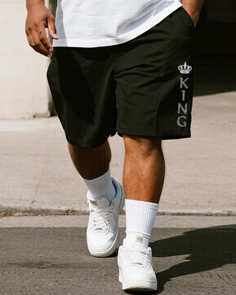 Big & Tall Men's Crown King Alphabet Print Round Neck Short Sleeve T-Shirt Shorts Suit