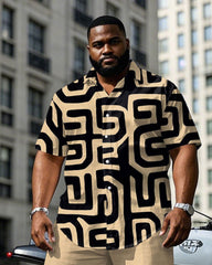 Men's Plus Size Business Khaki Geometric Square Continuous Pattern Daily Casual Short Sleeve Shirt Trousers Suit