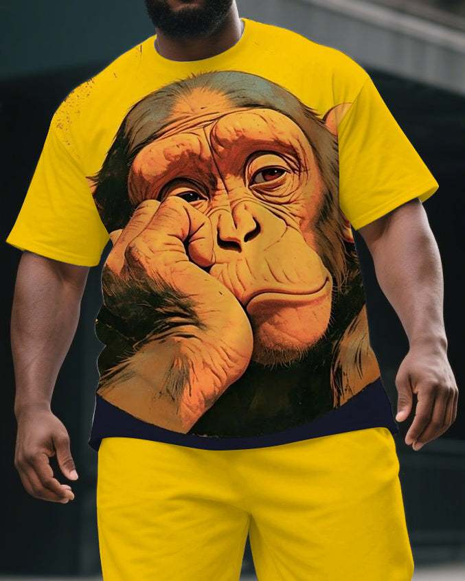 Big & Tall Men's Funny Cartoon Thinking Gorillas Print Yellow Short-Sleeved T-shirt and Short Set