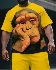Big & Tall Men's Funny Cartoon Thinking Gorillas Print Yellow Short-Sleeved T-shirt and Short Set