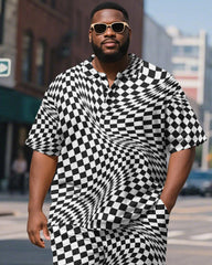 Men's Plus Size Business Black Wave Checkerboard Print Short Sleeve Polo Shirt Shorts Suit