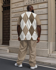Men's Plus Size Khaki Red Brown White Diamond Plaid POLO Printed T-Shirt Trousers Suit