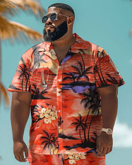 Big Guy's Hawaiian Sunset Coconut Tree Gradient Print Shirt Shorts Set