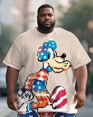 Men's Plus Size Apricot Pixel American Flag Cartoon Dog Print Short Sleeve T-Shirt Shorts Suit