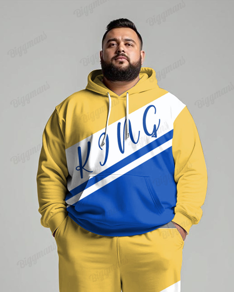 Simple Colorblock King Letter Print Men's Plus Size Hoodie Suit