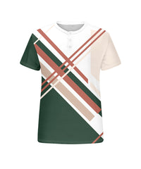 Big & Tall Men's Green Stripe Geometric Print Henley Collar Button Short Sleeve Tee