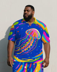 Big Men's Dreamy Cartoon Colorful Jellyfish Printed Short-Sleeve Polo Shirt & Shorts Set