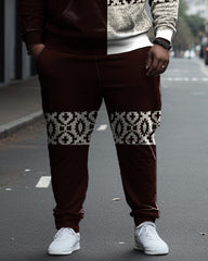 Men's Large Size Ethnic Pattern Color Block Casual Hoodie and Sweatpants Two Piece Set
