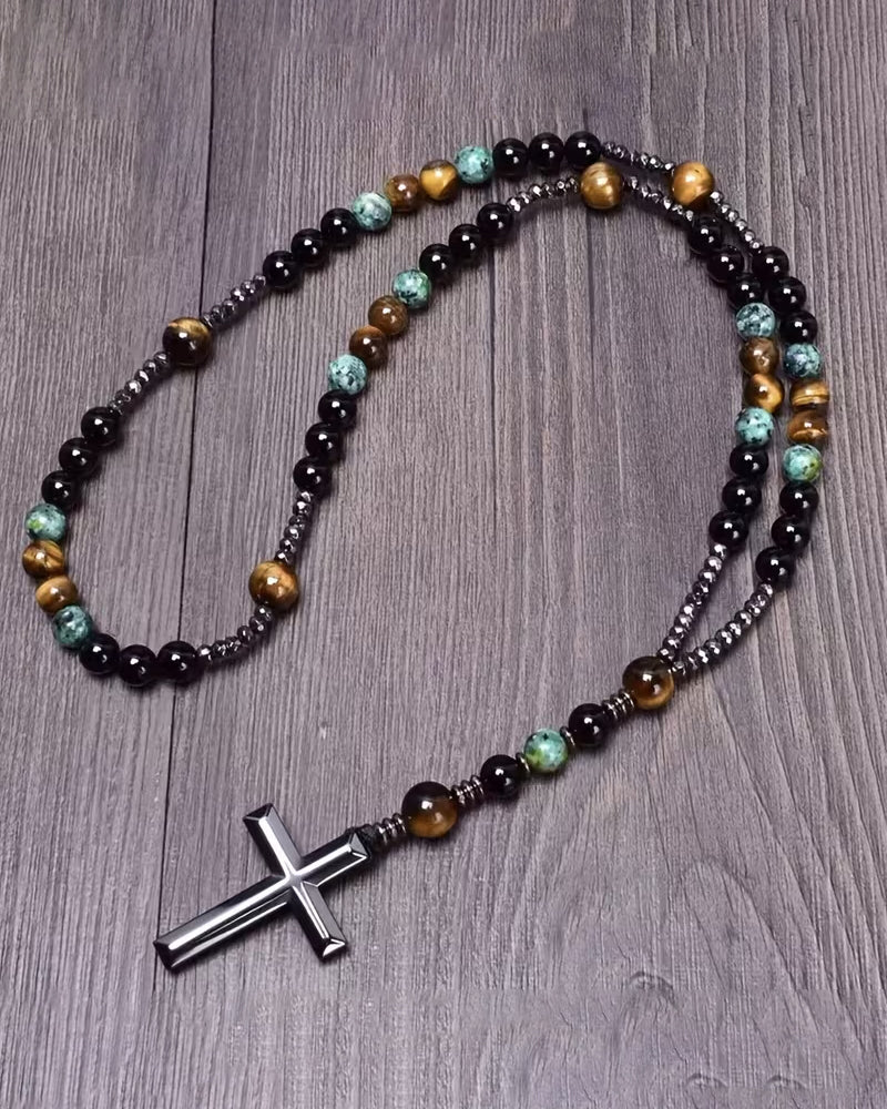 Vintage Natural Stone Long Cross Necklace