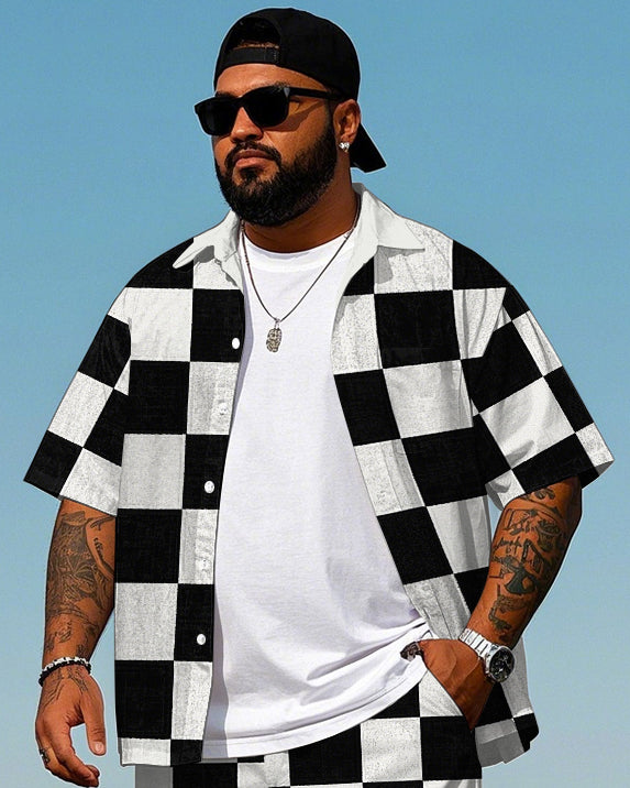 Big Men's Classic Black & White Plaid Printed Daily Casual Short Sleeve Shirt and Shorts Set
