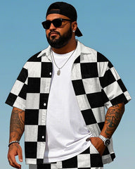 Big Men's Classic Black & White Plaid Printed Daily Casual Short Sleeve Shirt and Shorts Set