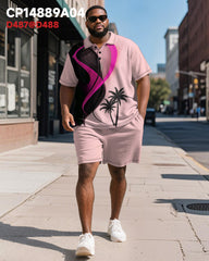 Big & Tall Men's Hawaiian Pink Coconut Print Short Sleeve Polo Shirt Shorts Suit