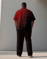Men's Plus Size Black And Red Check Line Print Short Sleeve Shirt Trousers Suit