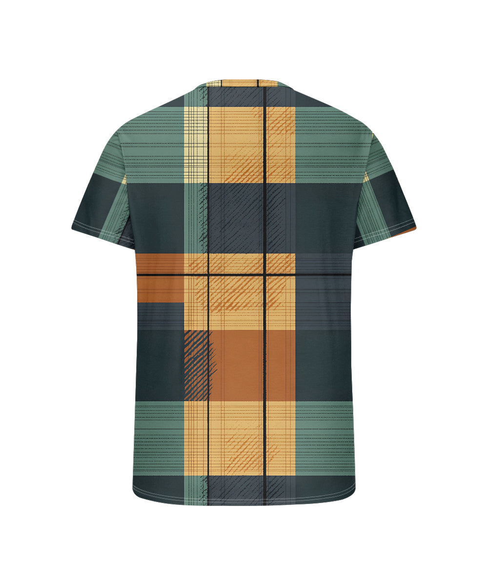 Big & Tall Men's Green And Yellow Geometric Plaid Printed Henry Collar Button Short Sleeve T-Shirt
