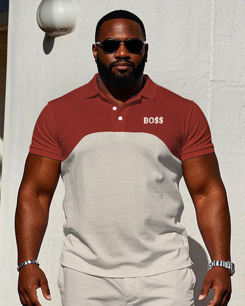 Men's large size Casual Vintage Red & Creamy-white Features Stitching Short-sleeved polo shorts set