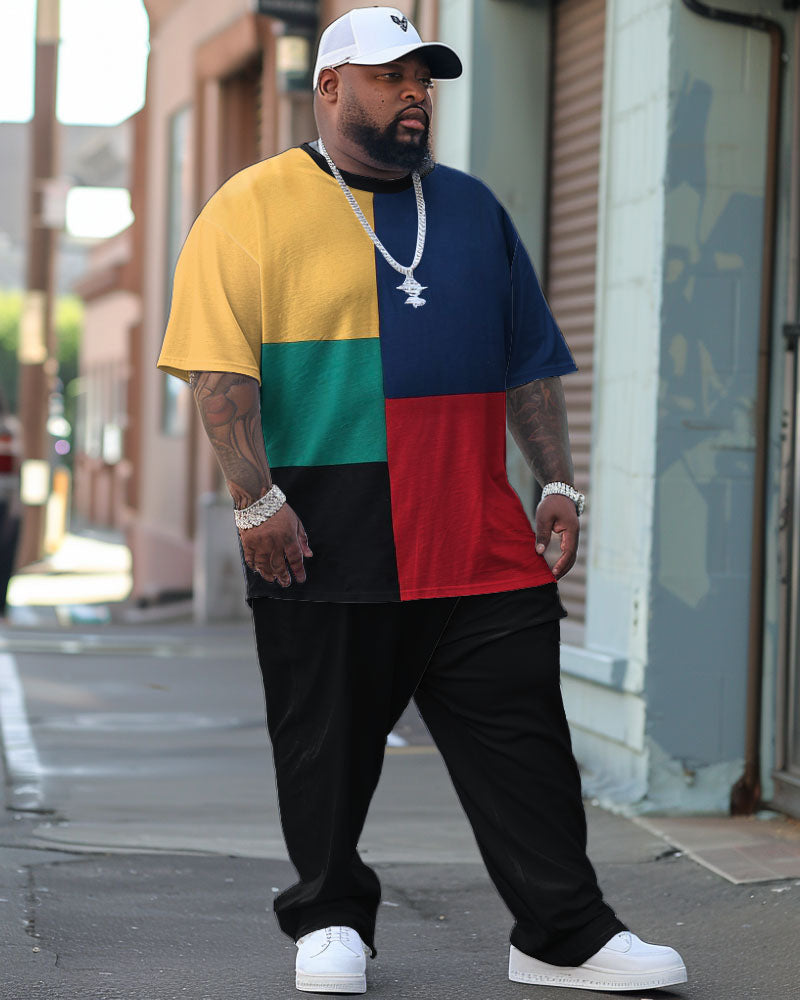Big Men's Casual Colorblock Printed T-shirt Trousers Set