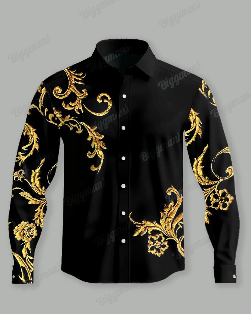 Men's Big and Tall Floral Pattern Lapel Vintage Long Sleeve Shirt