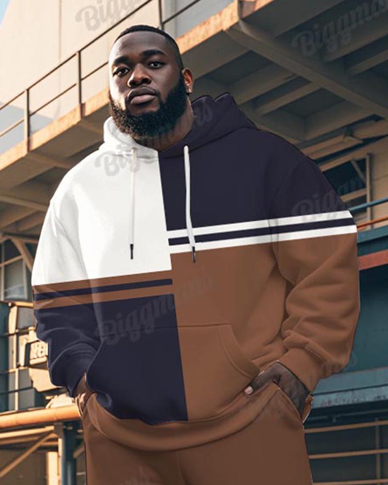 Men's Casual Brown Stripe Print Plus Size Hoodie Suit