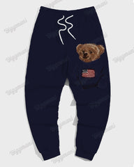 Men's Big & Tall Vintage Blue Newspaper Patchwork Bear Print Sweatshirt Set
