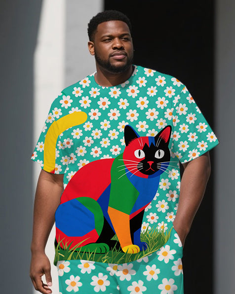 Big Guy's Animal World Splicing Cat & Flower Printed Short Sleeve T-shirt Pants Set