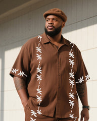 Big Boy Daily Casual Brown Simple Flower Short Sleeve Shirt Trousers Suit