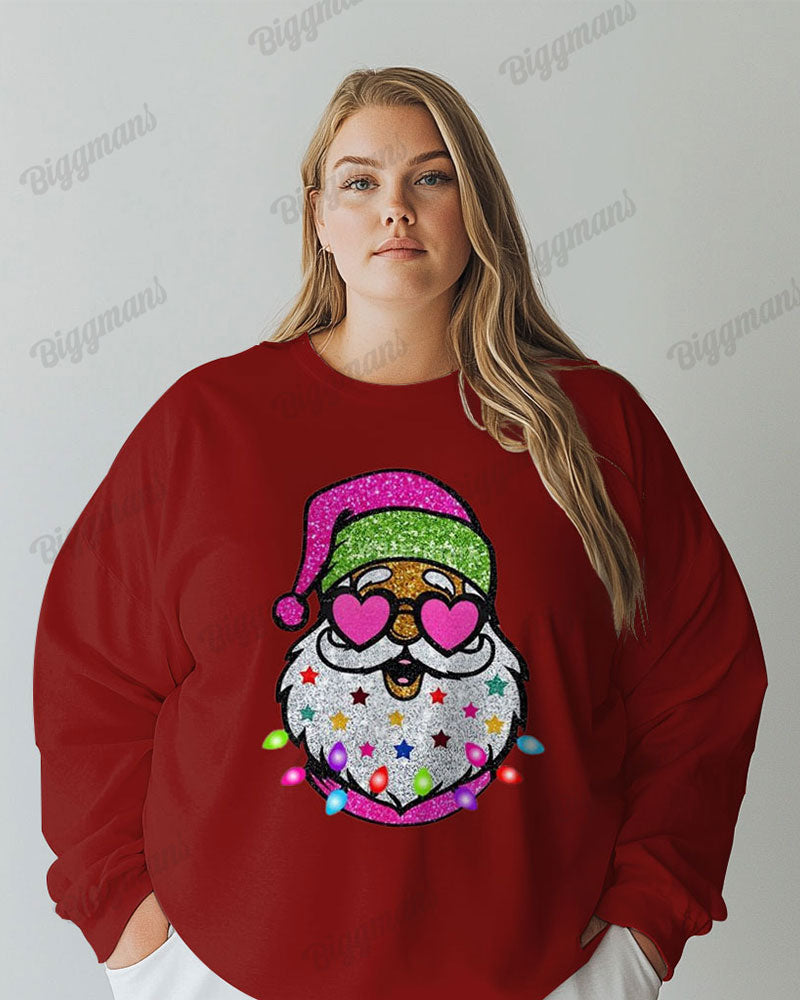 Women's Plus Colorful Shiny Santa Claus Print Long Sleeve T-shirt