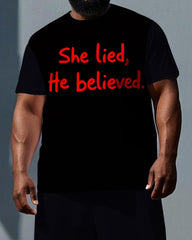 Men's Big & Tall Punk Style Simple She lied He believed Lettering Short-Sleeve T-shirt and Shorts Set