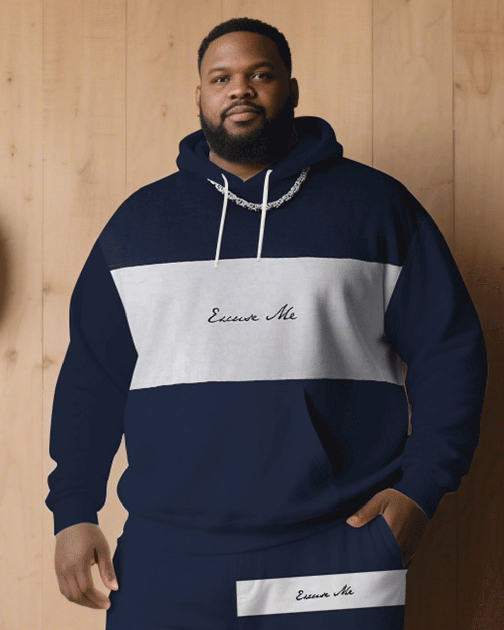 Big & Tall Men Fall/Winter All-match Royal Blue & White Slogan Printed Hoodie Suit