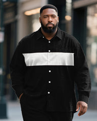 Big & Tall Men's Business Black Colorblock Stripe Print Bamboo Hemp Texture Long Sleeve Shirt Trousers Suit