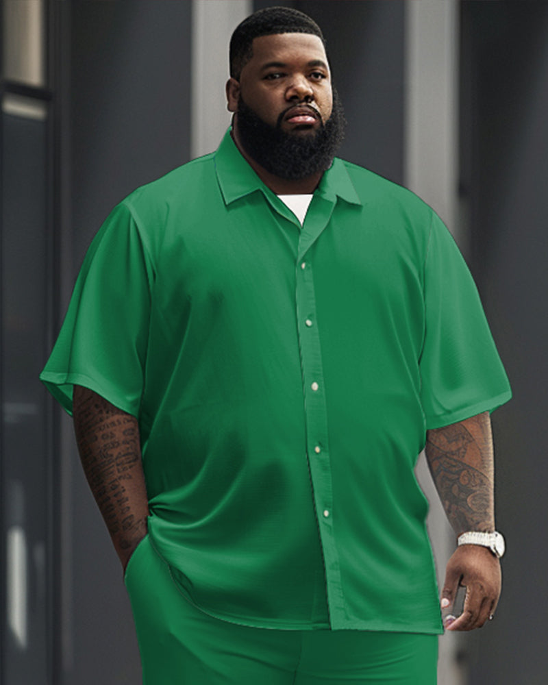 Big Guy's Solid Color Green Short Sleeve Shirt Trousers Set