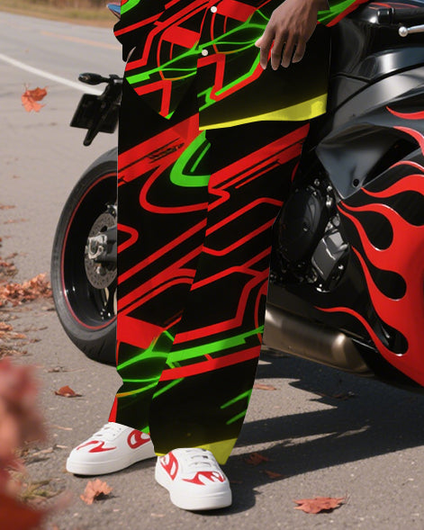 Big Men's Casual Fashion Cool Spaceship Printed Long Sleeve Shirt Pants 2-Piece Set
