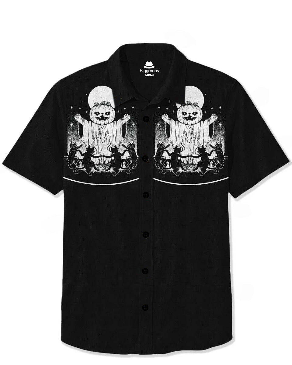 Big & Tall Men's Western Halloween Cat Fire Print-Black Short Sleeve Shirt Pants Suit