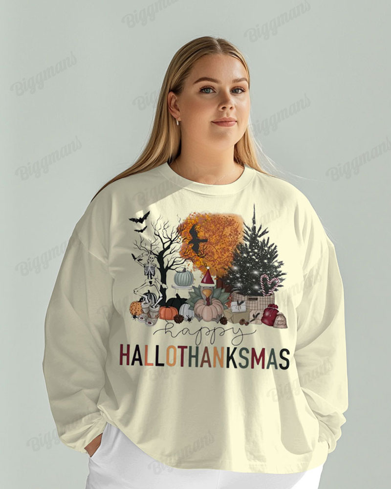 Women’s Big Size Happy HalloThanksmas Print Light Yellow Long Sleeve T-shirt
