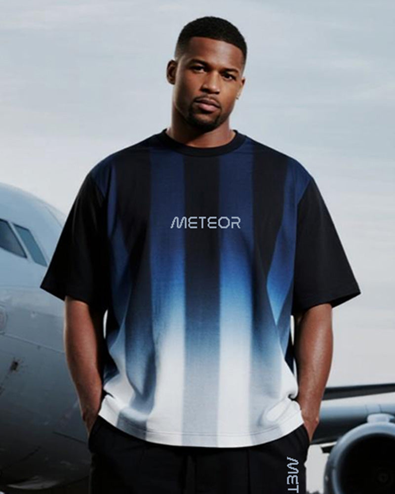 Big & Tall Men's Sport Gradient Blue Stripe Meteor Alphabet Print T-Shirt Pants Suit
