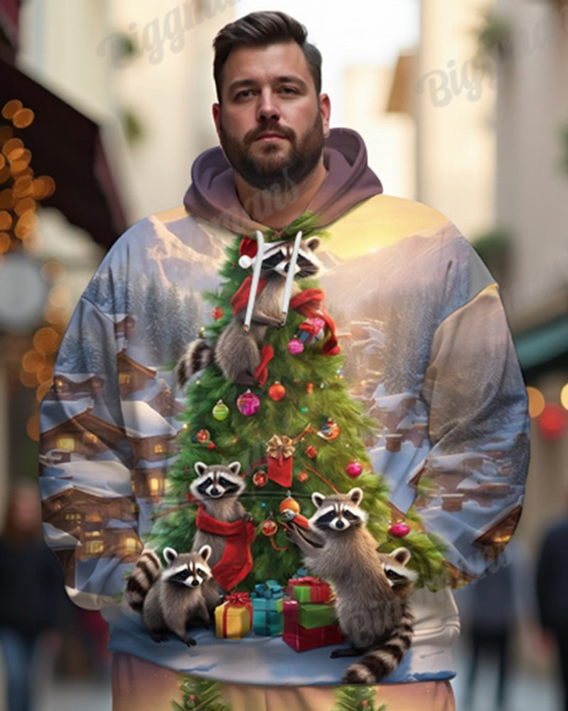 Men's Christmas Raccoon Christmas Tree Print Plus Size Hoodie Suit
