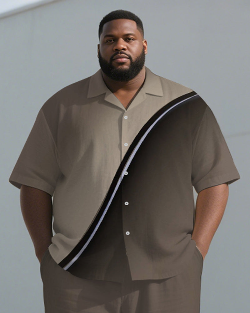 Men's Plus Size Brown Line Gradient Print Short Sleeve Shirt Trousers Suit