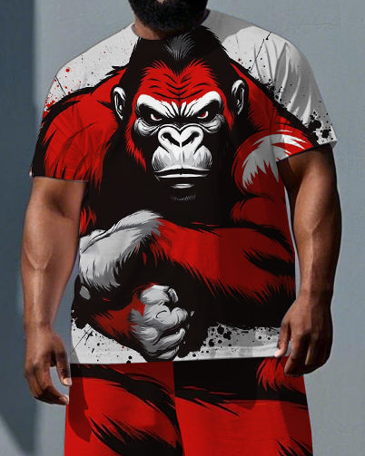 Big & Tall Men's Serious Gorillas Cartoon Printed Short Sleeve T-shirt 2-Piece Set
