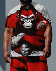 Big & Tall Men's Serious Gorillas Cartoon Printed Short Sleeve T-shirt 2-Piece Set