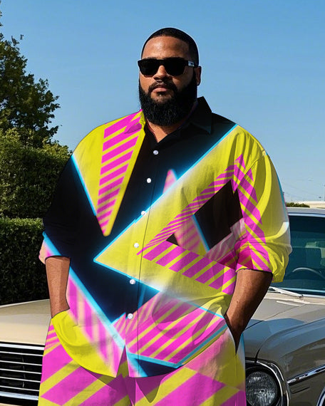 Big Guy's Abstract Artistic Geometric Pattern Theme Casual Long Sleeve Shirt Pants Set