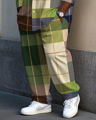 Big Men's Daily Casual Elegant Fresh Green Plaid Printed Long Sleeve Shirt Pants Set
