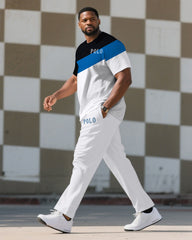 Men's Plus Size Black & Blue & White Features Oblique Color Split Slim Short Sleeve T-Shirt Pants Suit